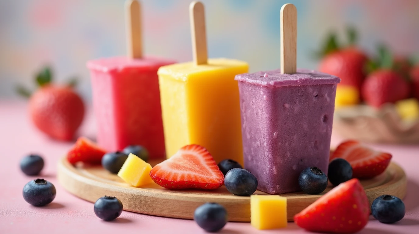 Assorted fruit-flavored ice cream bars with fresh fruit on a wooden tray.