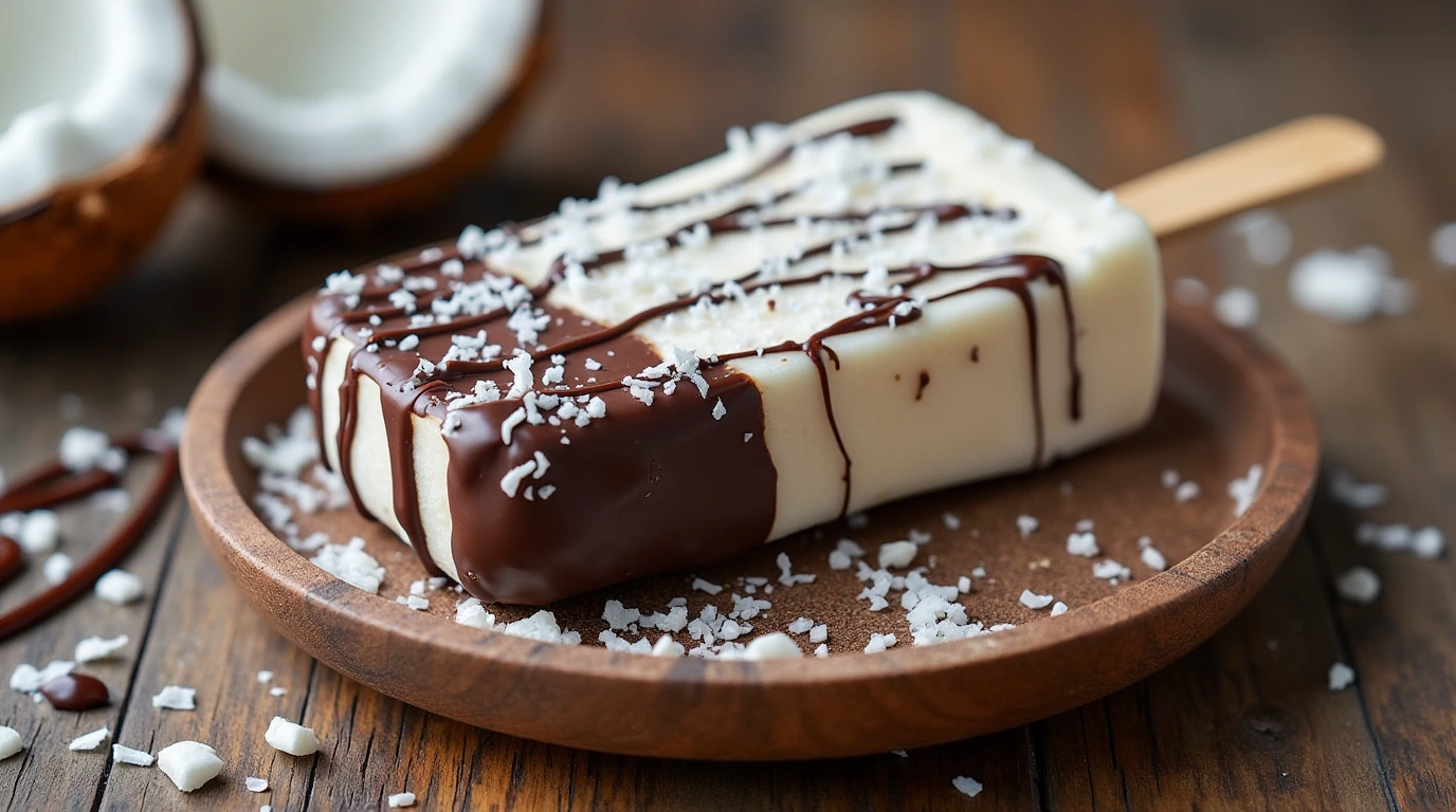 Dairy-free coconut milk ice cream bar dipped in dark chocolate with shredded coconut.