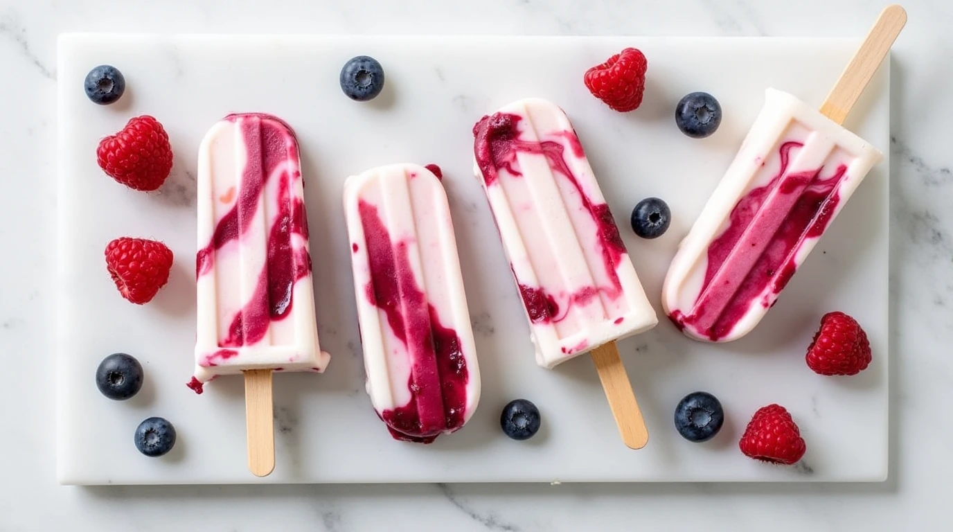 Greek yogurt ice cream bars with berry compote swirls on a marble surface.