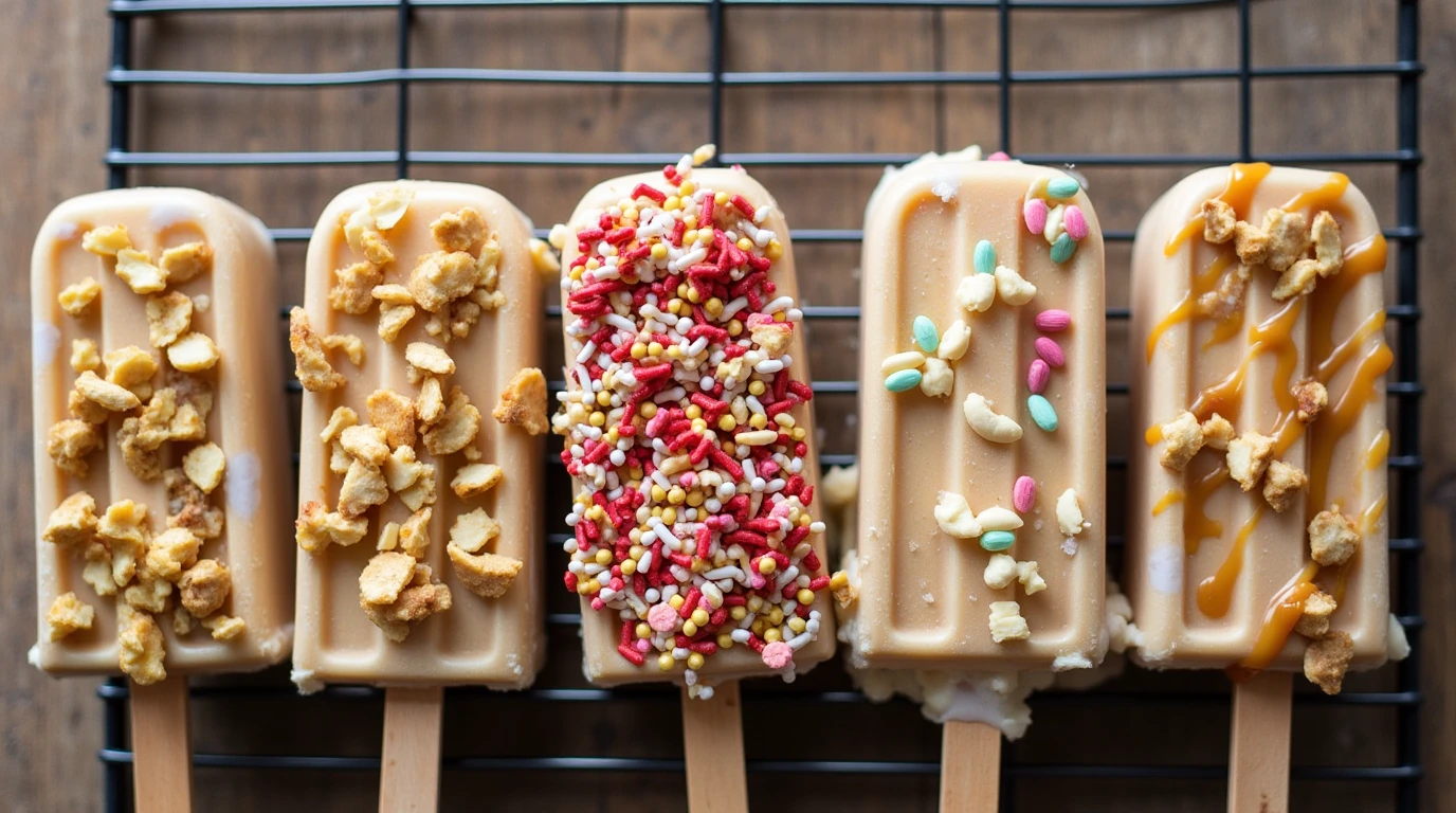 Homemade ice cream bars with various toppings on a cooling rack.