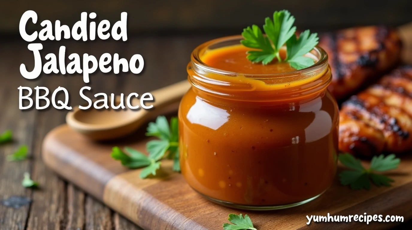 A glass jar filled with golden-hued Candied Jalapeno BBQ Sauce, with a rustic wooden spoon and sprig of cilantro in the background.