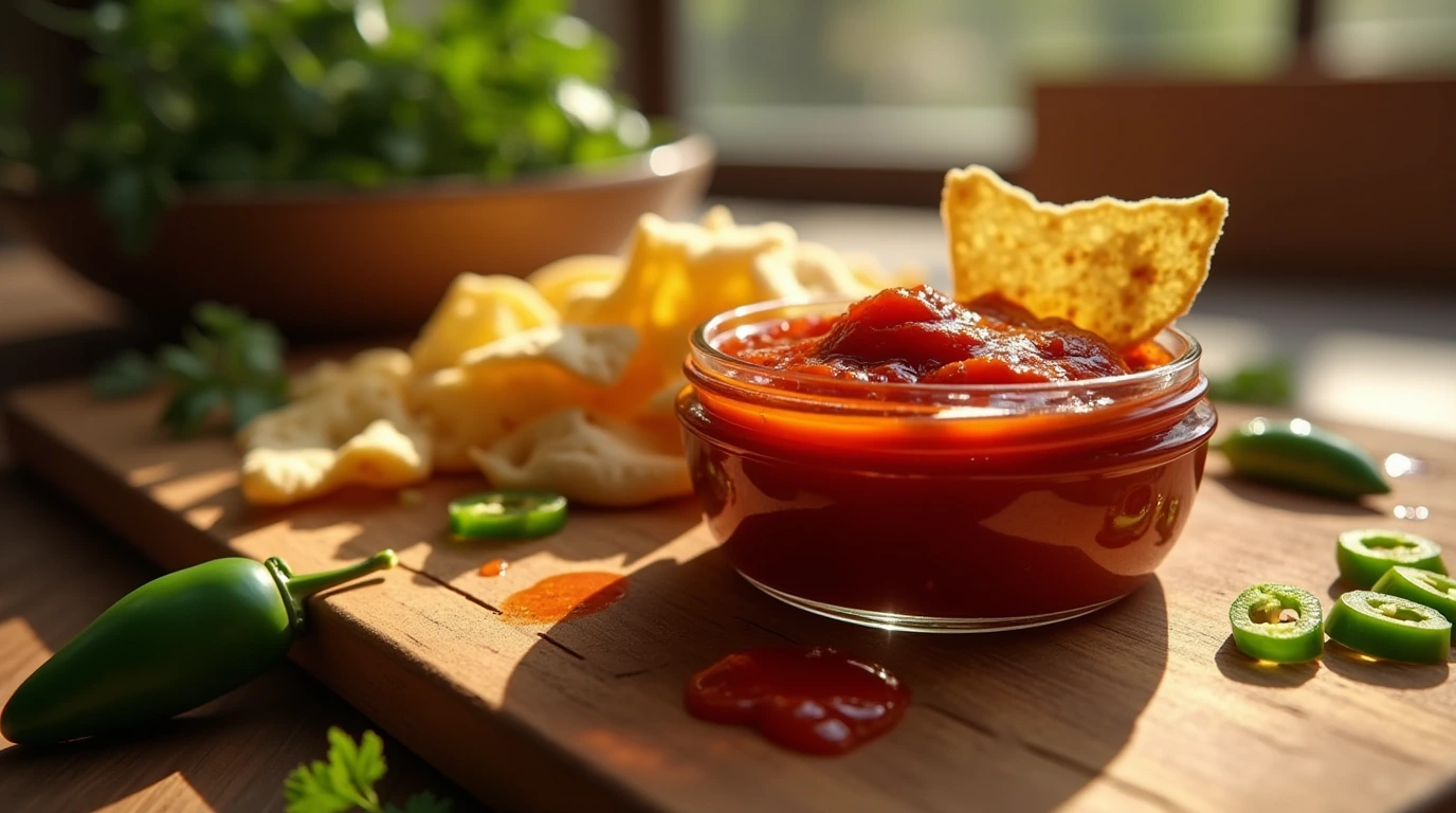 A close-up shot of Candied Jalapeno BBQ Sauce on a wooden cutting board, garnished with fresh ingredients.