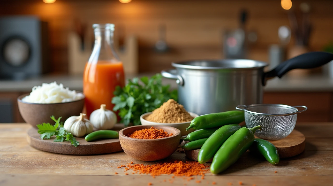 Ingredients and equipment for making Candied Jalapeno BBQ Sauce, including fresh jalapenos, brown sugar, apple cider vinegar, smoked paprika, garlic powder, a heavy-bottomed saucepan, and measuring spoons.