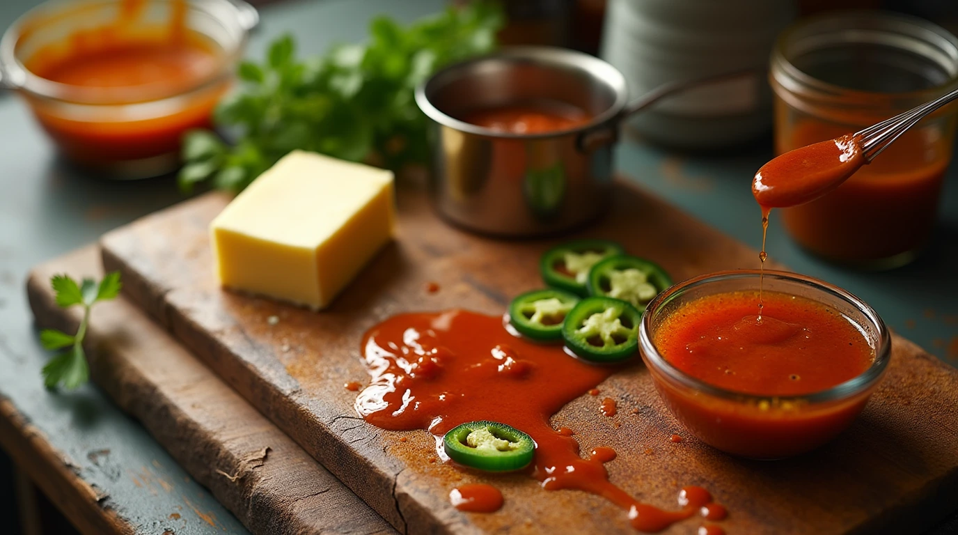 A rustic wooden cutting board with fresh jalapenos, butter, and cilantro, surrounded by a saucepan and whisk, with a shallow depth of field and warm natural light.