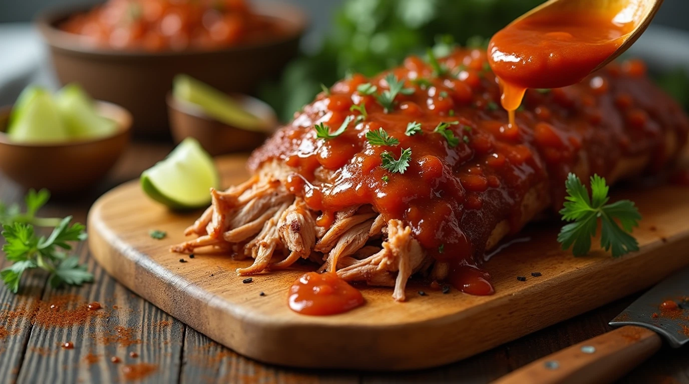 A warm and inviting food photography scene featuring a juicy pulled pork shoulder slathered with candied jalapeno BBQ sauce, garnished with fresh cilantro and lime.