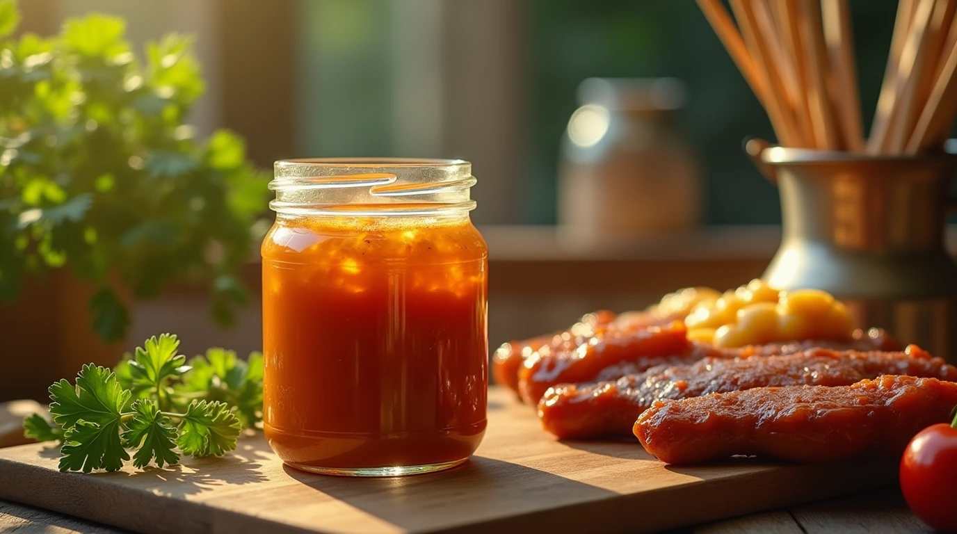 A glass jar filled with vibrant, golden-hued Candied Jalapeno BBQ Sauce, surrounded by fresh ingredients and rustic props