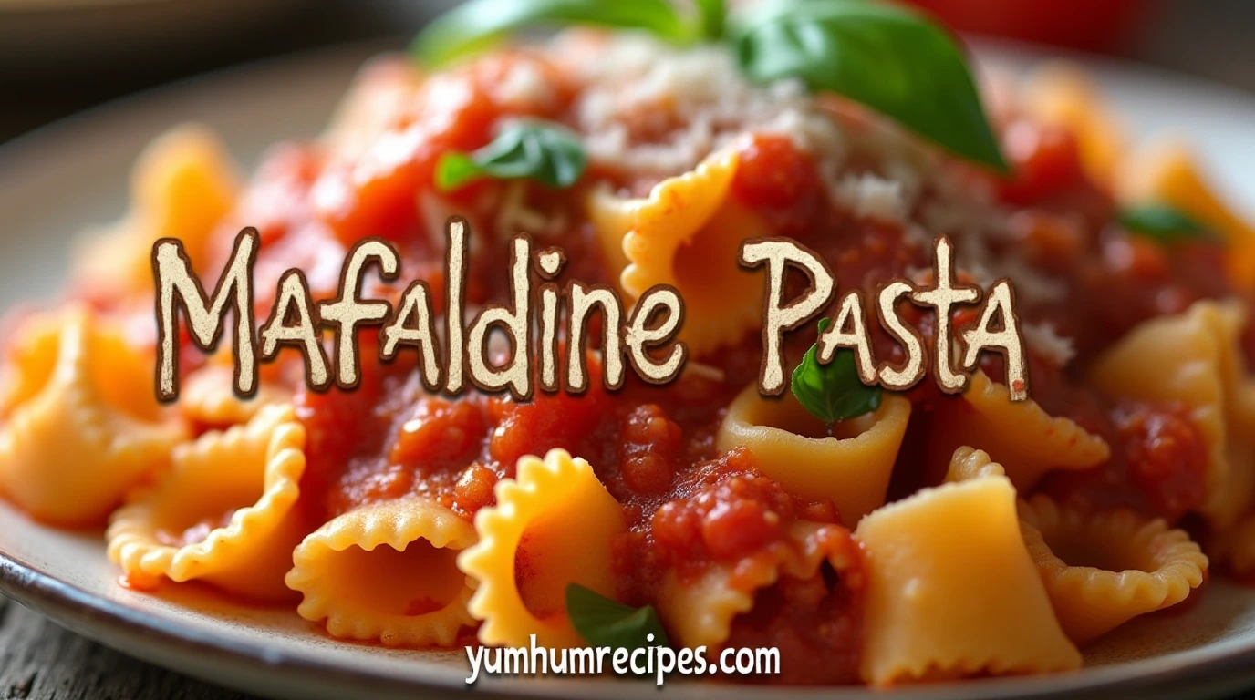 A plate of mafaldine pasta with ruffled edges, coated in tomato sauce, garnished with fresh basil and parmesan cheese, with a rustic title above and a website name below.