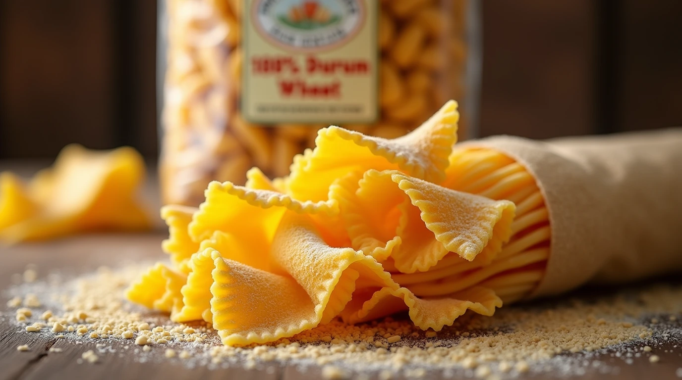 A bundle of high-quality mafaldine pasta with visible ruffled edges, placed on a rustic wooden surface with a warm golden glow.