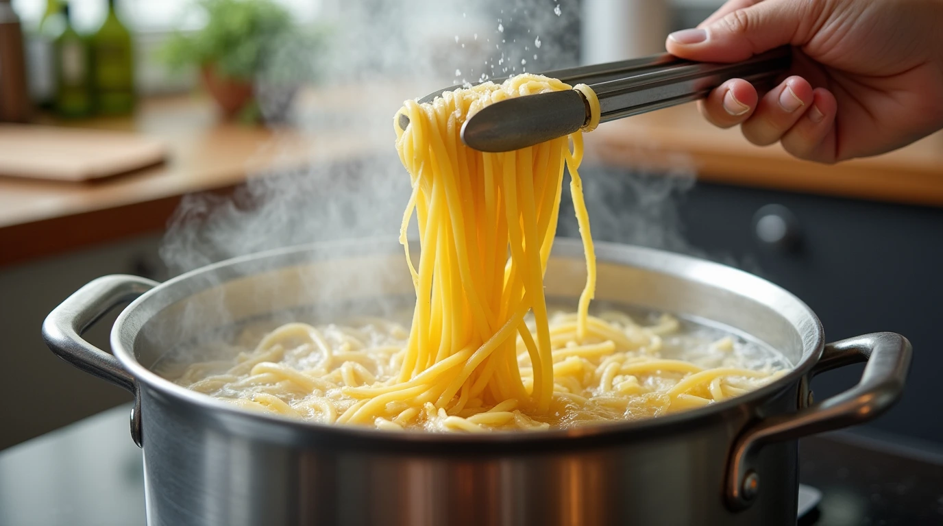 Mafaldine pasta being submerged into a large pot of boiling water, with steam rising and a hand adding sea salt for flavor.