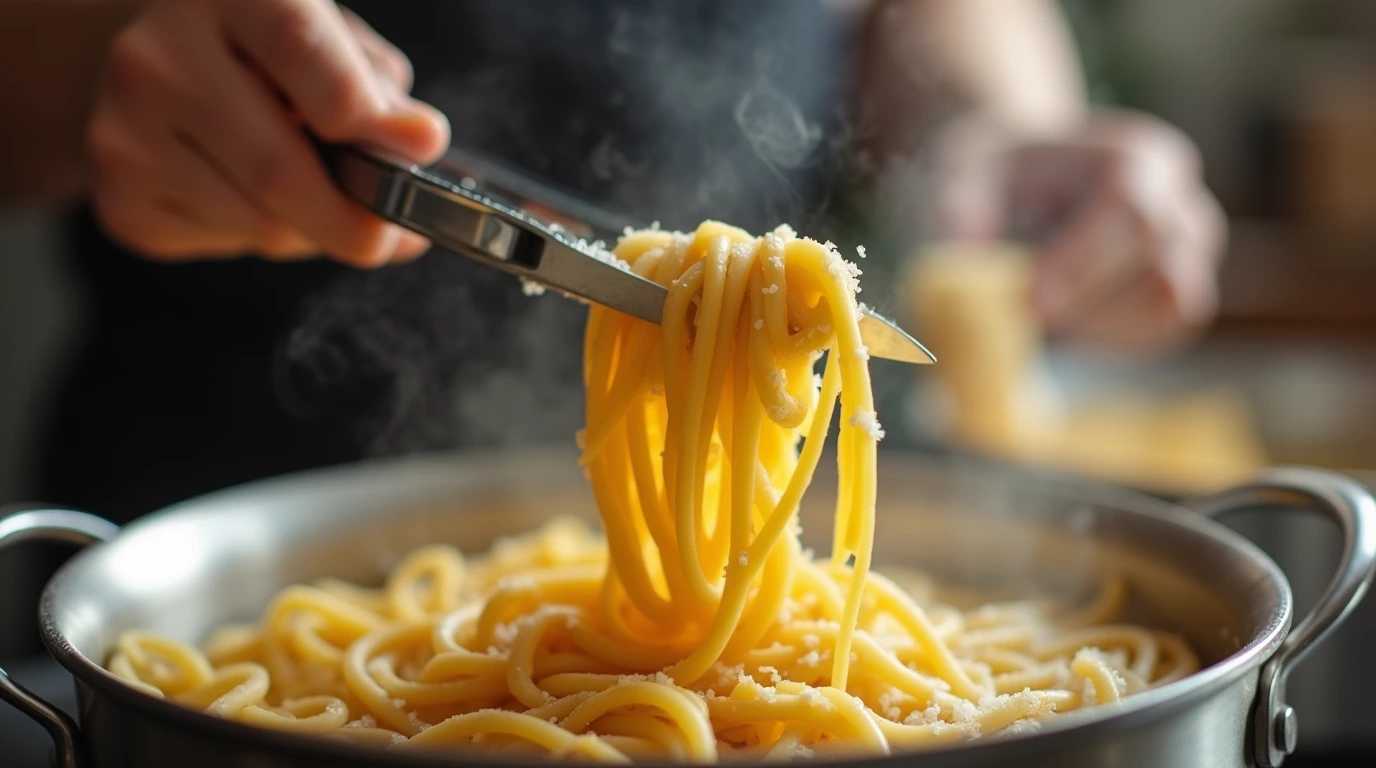 A strand of mafaldine pasta lifted with tongs from boiling water, showing flexibility, while another piece is sliced to check for al dente texture.