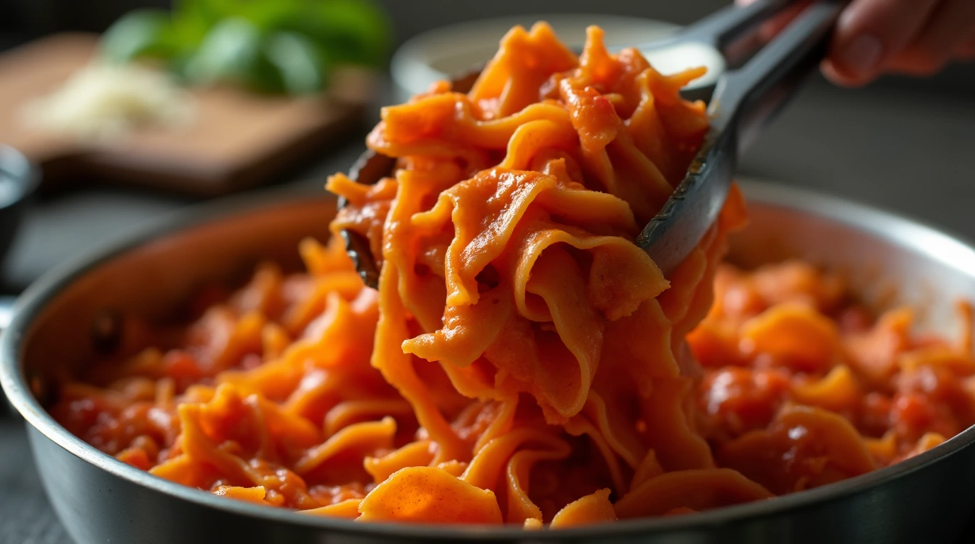 Mafaldine pasta being tossed in a stainless steel pan with a tomato-based sauce, lifted with tongs to ensure even coating.