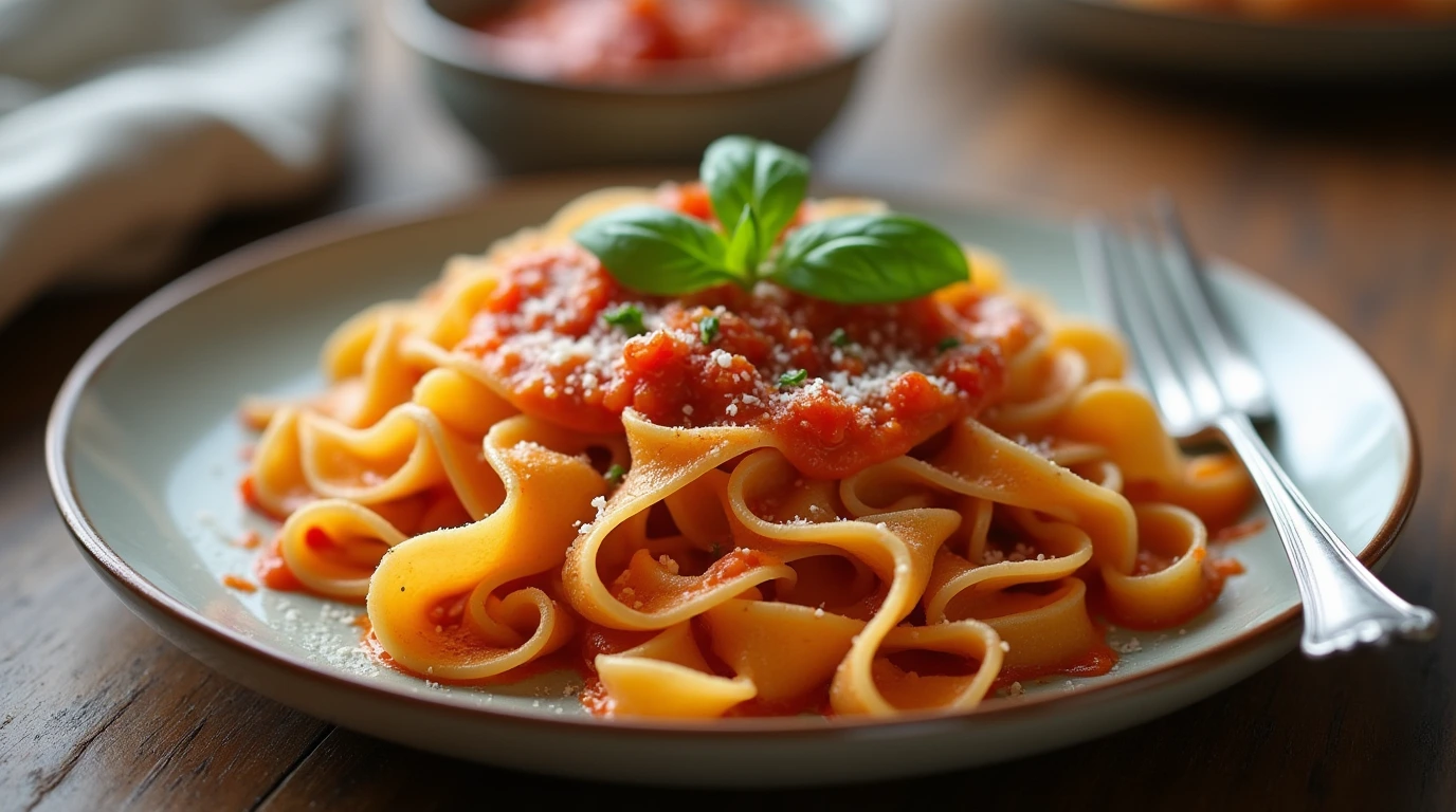 A plated dish of mafaldine pasta coated in a smooth sauce, garnished with fresh basil and grated cheese, with a fork resting on the plate.