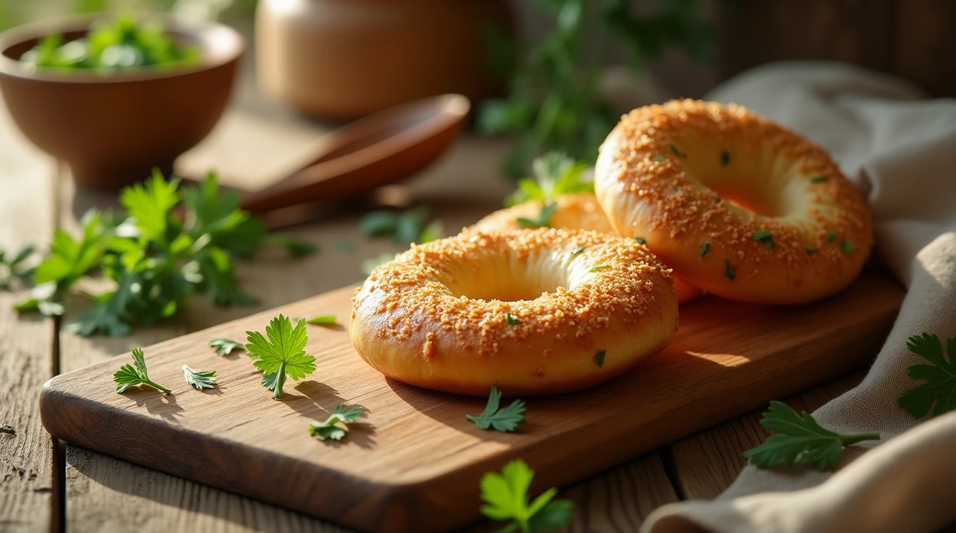 A perfectly toasted mini bagel on a rustic wooden cutting board, surrounded by fresh parsley and brie cheese.