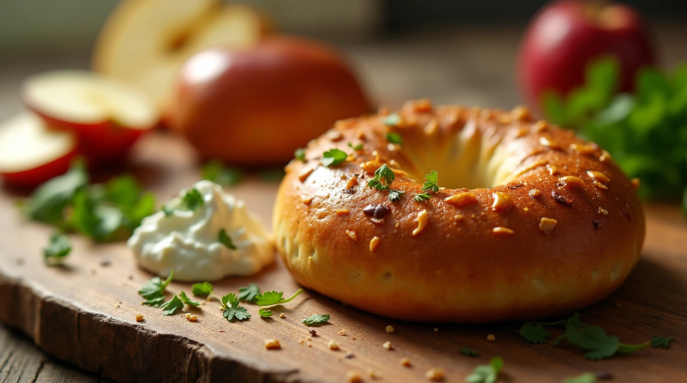 Freshly baked mini bagels with cream cheese, parsley, and fruit toppings on a rustic wooden cutting board.