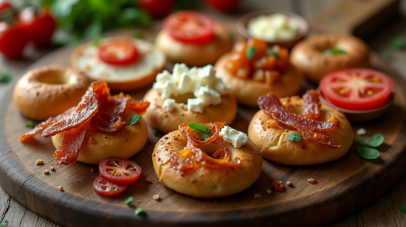 A beautifully arranged mini bagels toppings bar, featuring a variety of creative toppings and a rustic wooden board.