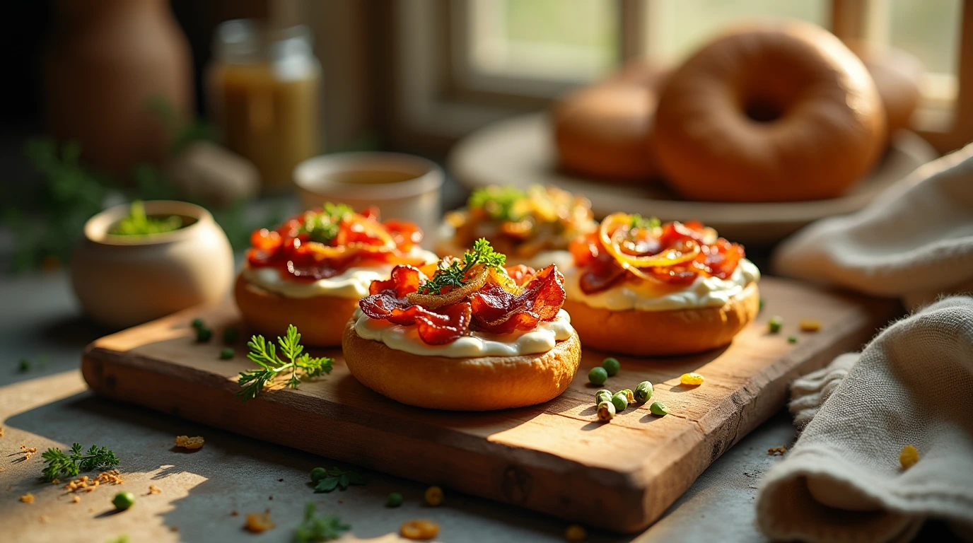 A colorful array of mini bagels topped with crispy bacon, cream cheese, caramelized onions, and fresh herbs, arranged on a rustic wooden cutting board.