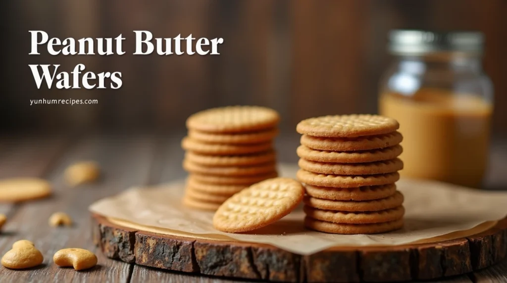 Crispy peanut butter wafers on a wooden board with text overlay 'Peanut Butter Wafers' and 'yumhumrecipes.com'