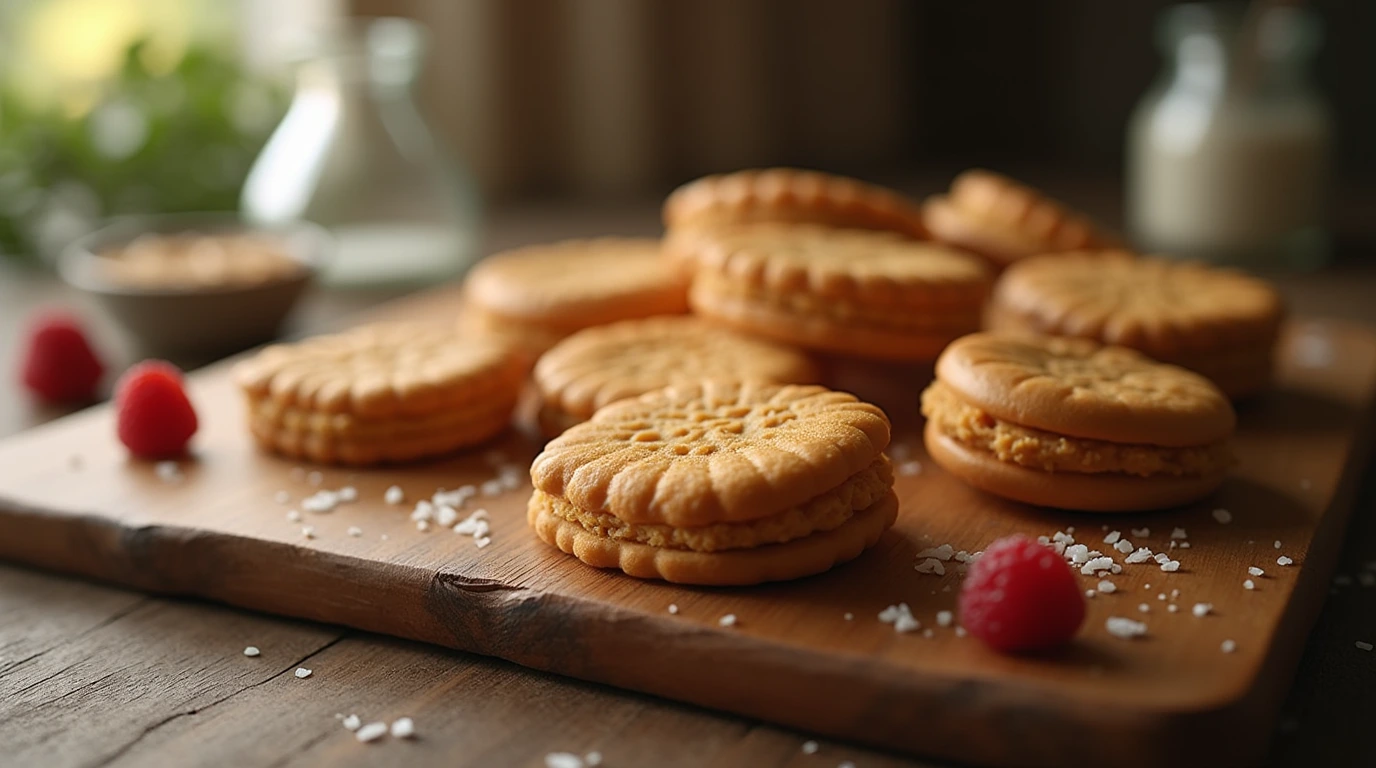 A plate of fresh Peanut Butter Wafers, arranged on a wooden cutting board with a few berries and a sprinkle of sea salt.