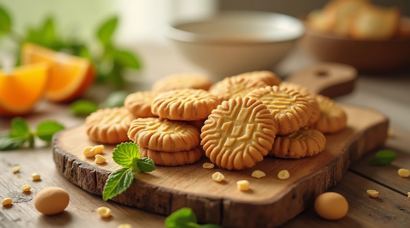 A close-up shot of a cluster of peanut butter wafers arranged on a wooden cutting board, garnished with fresh mint leaves and orange slices.