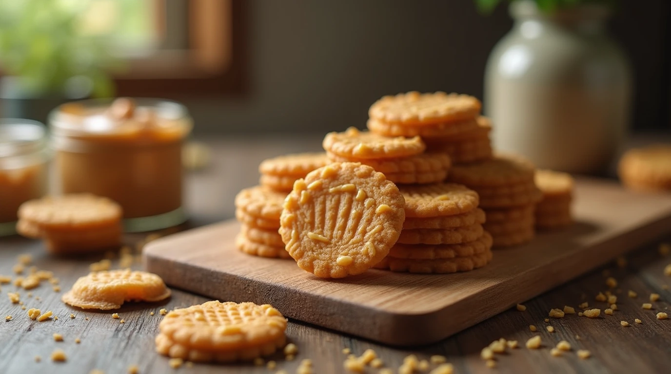 A pyramid of peanut butter wafers with a ceramic jar of peanut butter on a rustic wooden board.