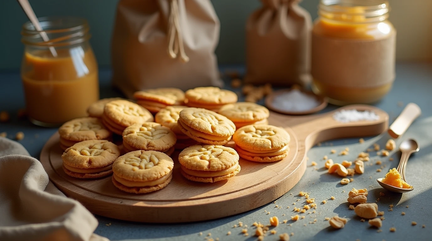 A plate of peanut butter wafers with fresh peanut butter and sea salt, arranged on a wooden cutting board with rustic props and a warm, natural light.