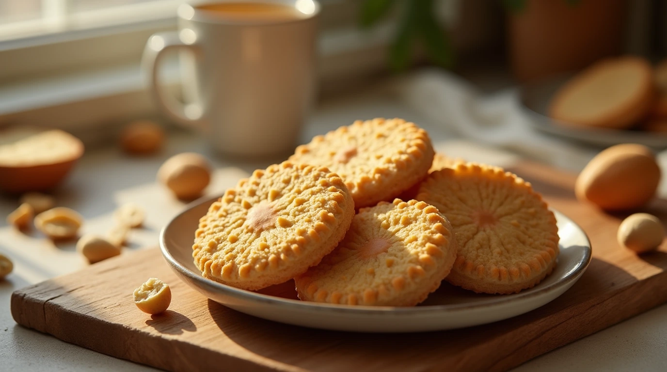 A plate of freshly baked peanut butter wafers, arranged on a rustic wooden cutting board with peanut halves and a drizzle of creamy peanut butter.