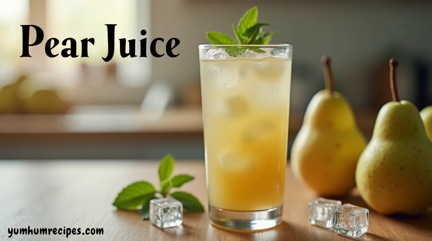 A chilled glass of pear juice with fresh pears and ice cubes on a wooden table.