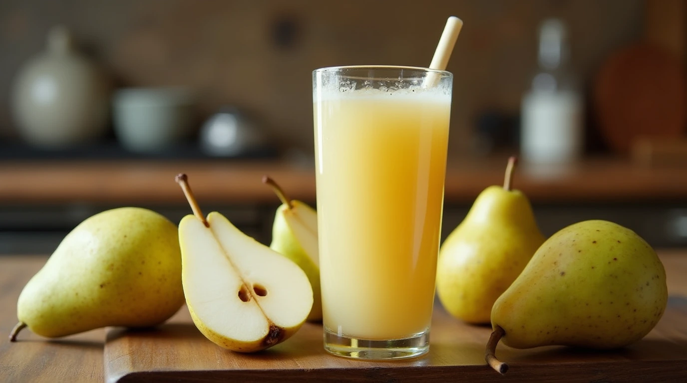 A tall glass of pear juice surrounded by fresh pears on a wooden table.