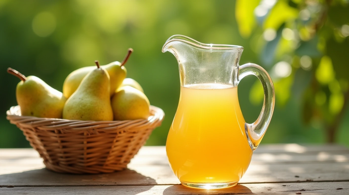 A jug of pear juice next to a basket of ripe pears on a sunny table.