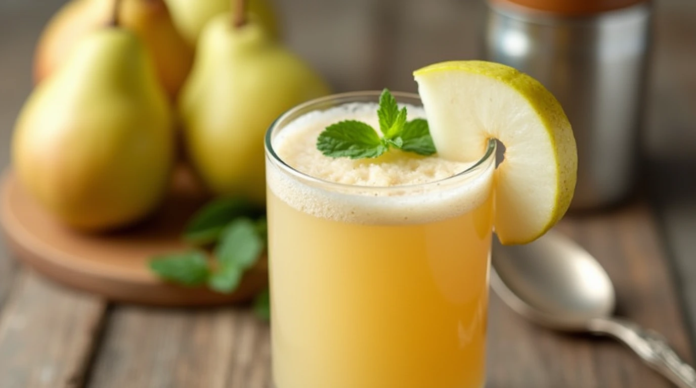 Close-up of pear juice in a glass, garnished with fresh pear and mint.