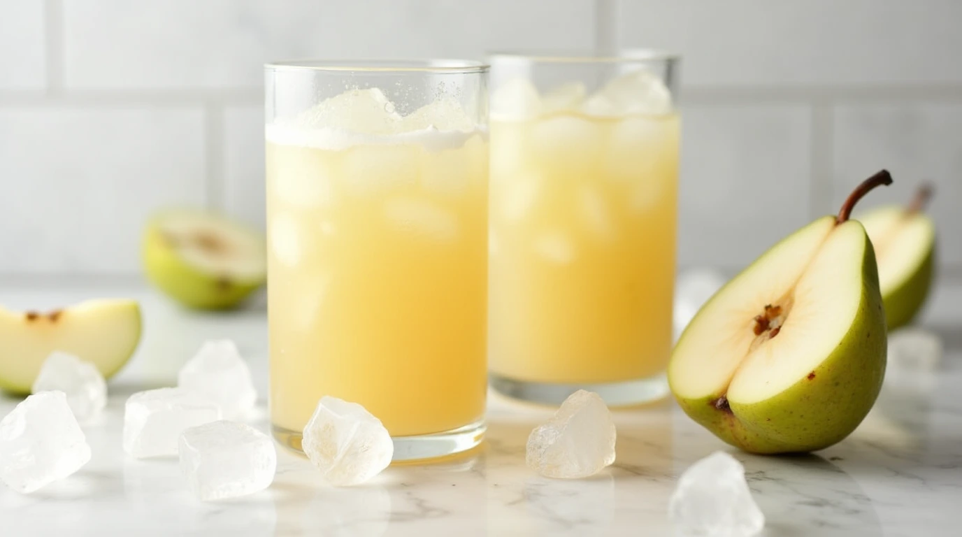 Frosty glasses of chilled pear juice on a marble countertop.