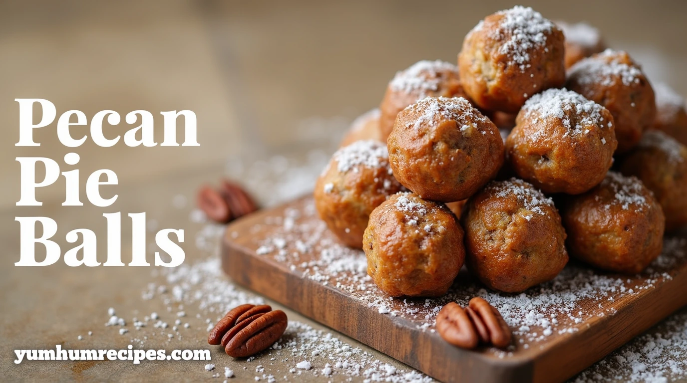 Pecan Pie Balls with a crunchy pecan crust and gooey chocolate center, garnished with powdered sugar and pecans, on a vintage cutting board.