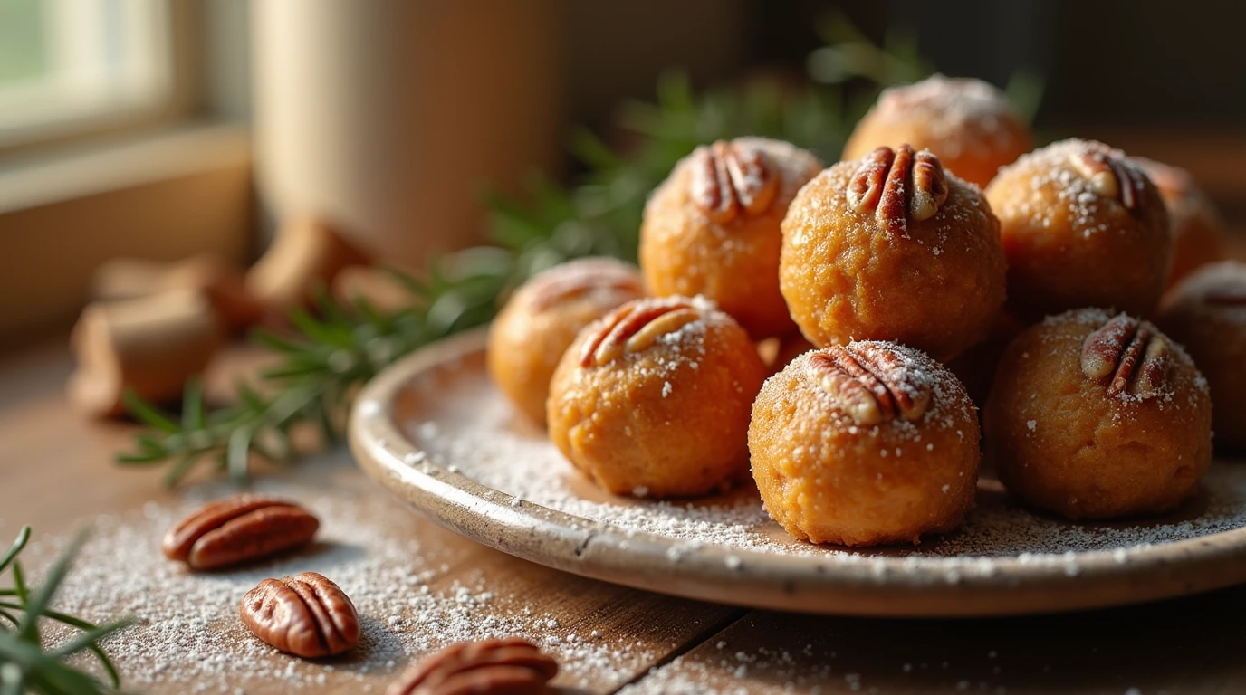 A close-up shot of pecan pie balls on a rustic wooden board, garnished with rosemary and powdered sugar.