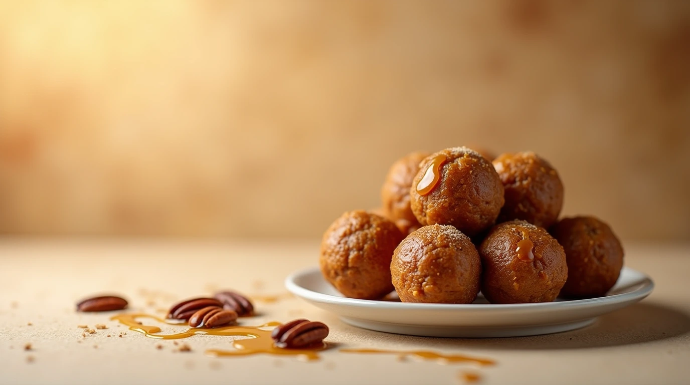 A plate of warm, golden-brown pecan pie balls, drizzled with caramel sauce and garnished with fresh pecans.