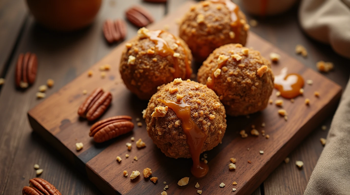 A trio of Pecan Pie Balls on a wooden cutting board with caramel sauce and pecans