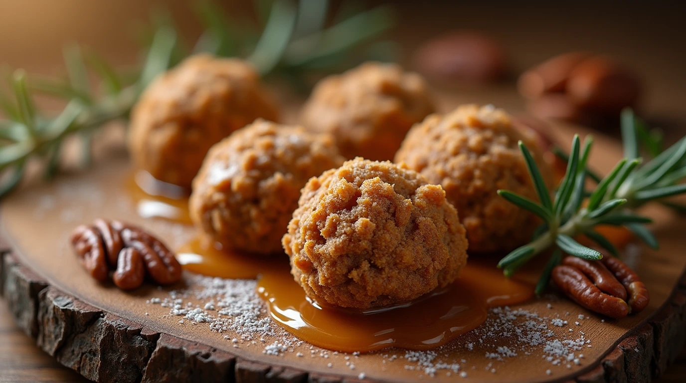 A plate of pecan pie balls with caramel sauce and fresh rosemary