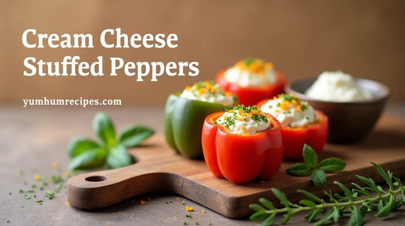 Cream cheese stuffed peppers recipe on a rustic wooden cutting board, with fresh herbs and a small ceramic bowl of cream cheese, on a warm beige background.