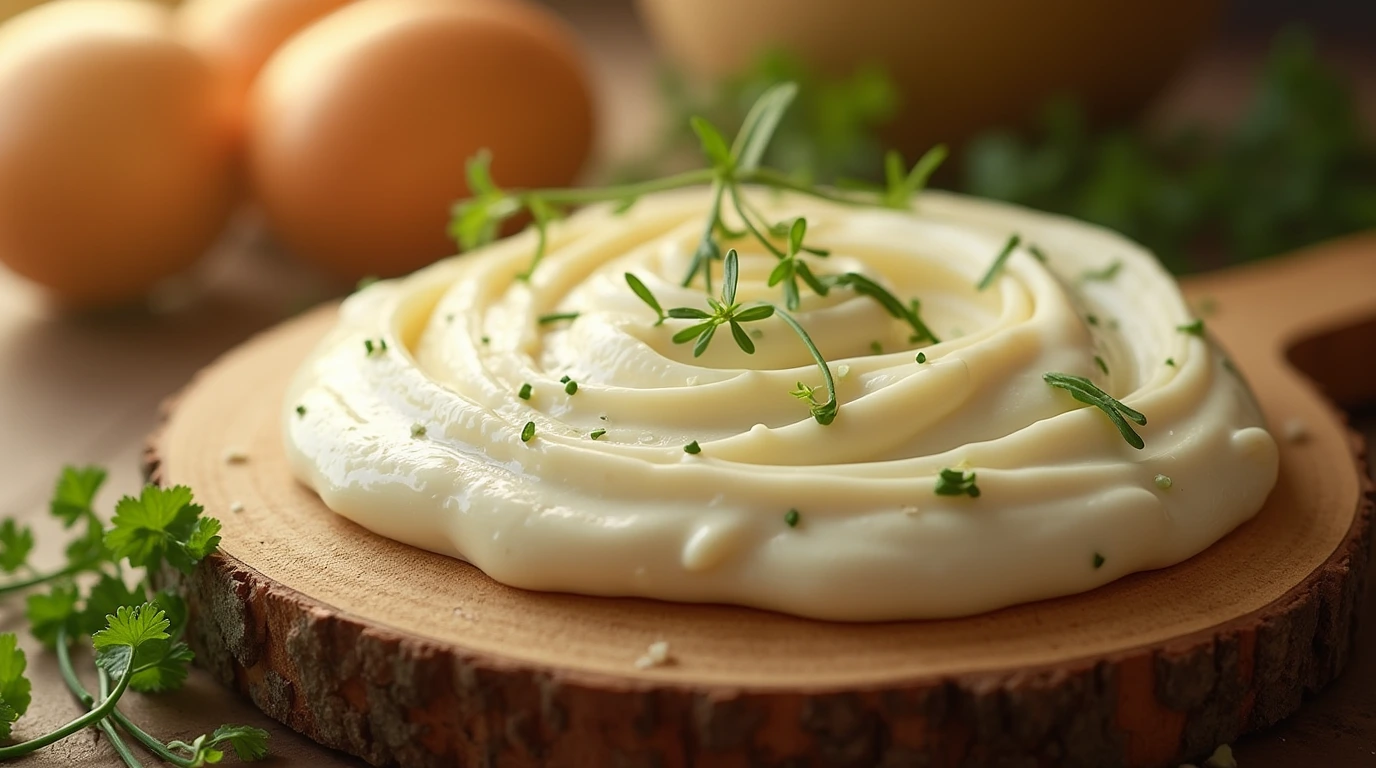 A close-up shot of a perfectly piped cream cheese filling on a rustic wooden board, surrounded by fresh herbs.