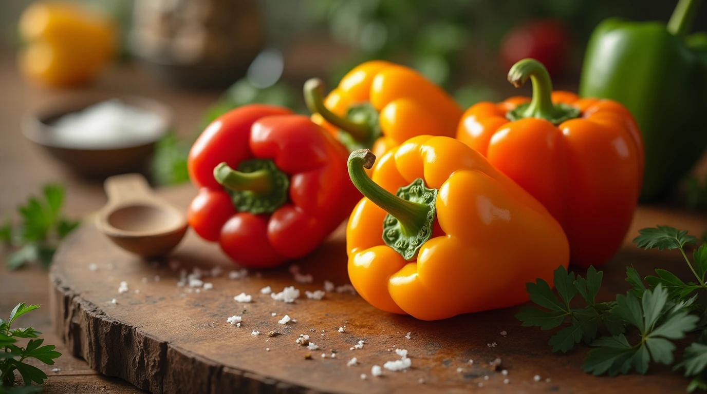 A collection of colorful peppers arranged on a wooden cutting board, ready for stuffing.