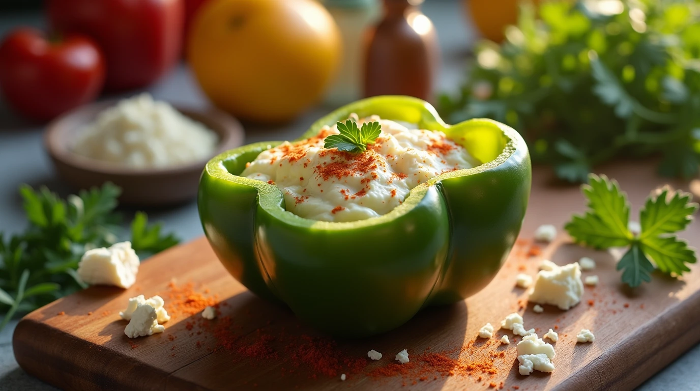 A beautifully styled dish of cream cheese stuffed peppers with fresh parsley and crumbled feta.