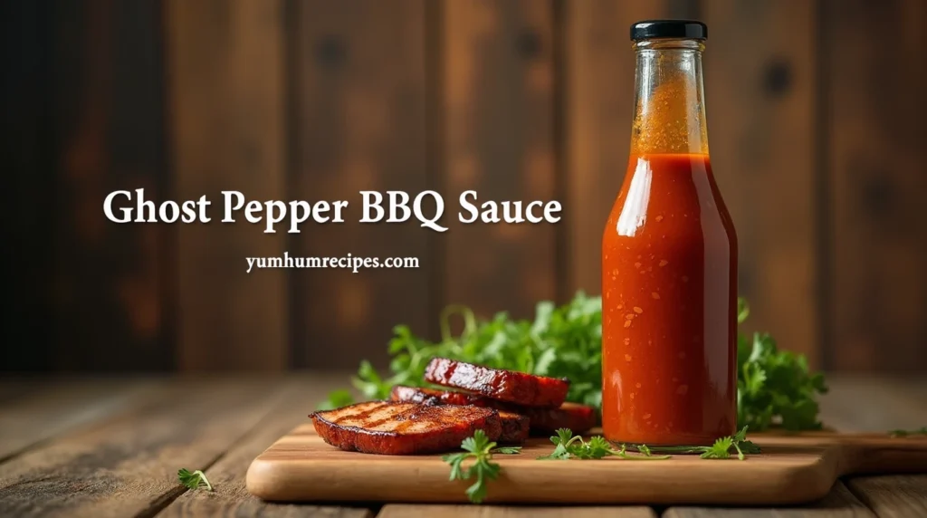 A bottle of Ghost Pepper BBQ Sauce against a rustic wooden background, with text overlay 'Ghost Pepper BBQ Sauce' and 'yumhumrecipes.com'