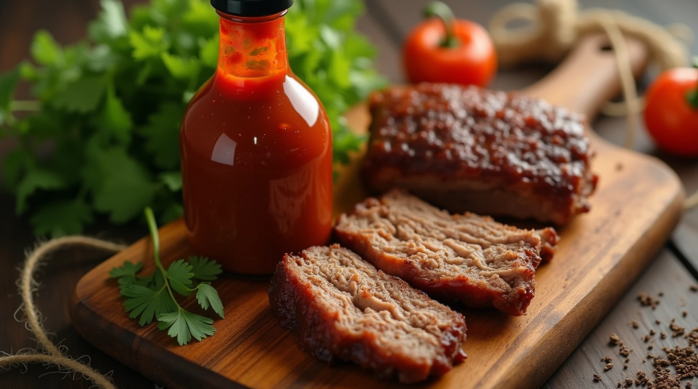 Fresh and Fiery: Ghost Pepper BBQ Sauce on a Rustic Cutting Board A close-up shot of a bottle of Ghost Pepper BBQ Sauce on a wooden cutting board, surrounded by fresh cilantro and slow-cooked pulled pork.
