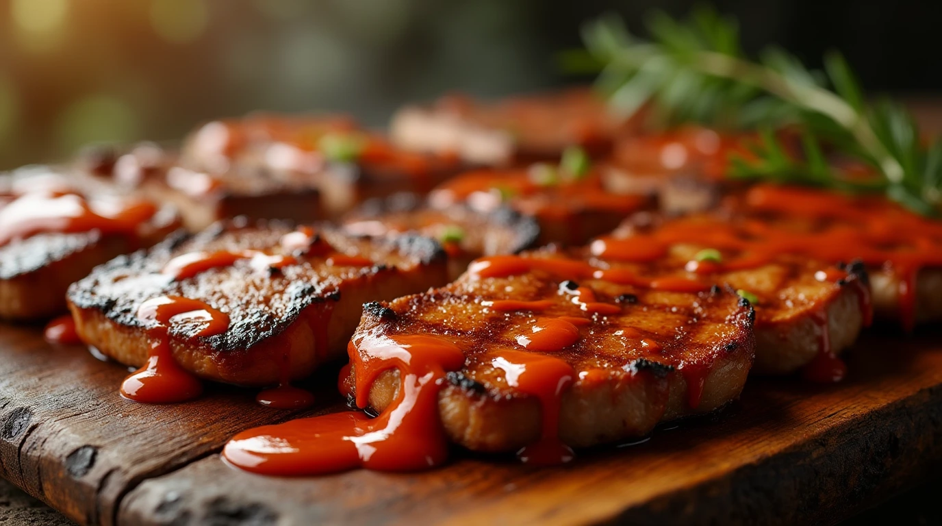 Mouth-Watering Grilled Meats with Ghost Pepper BBQ Sauce Grilled meats glazed with vibrant Ghost Pepper BBQ Sauce, featuring tender beef, pork chops, and chicken breasts, served on a rustic wooden board with rosemary.