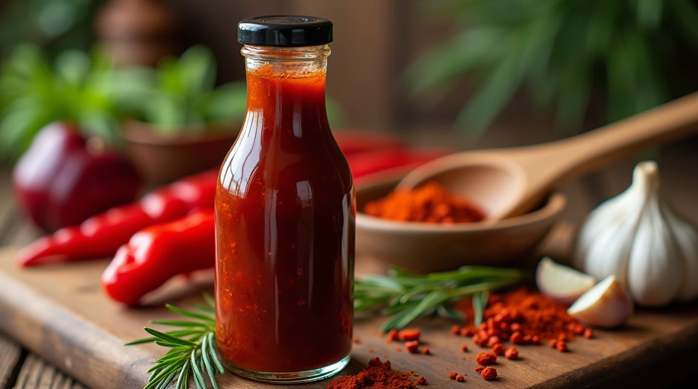 Sizzling Ghost Pepper BBQ Sauce Recipe A bottle of Ghost Pepper BBQ Sauce on a rustic wooden cutting board with fresh ingredients and props.