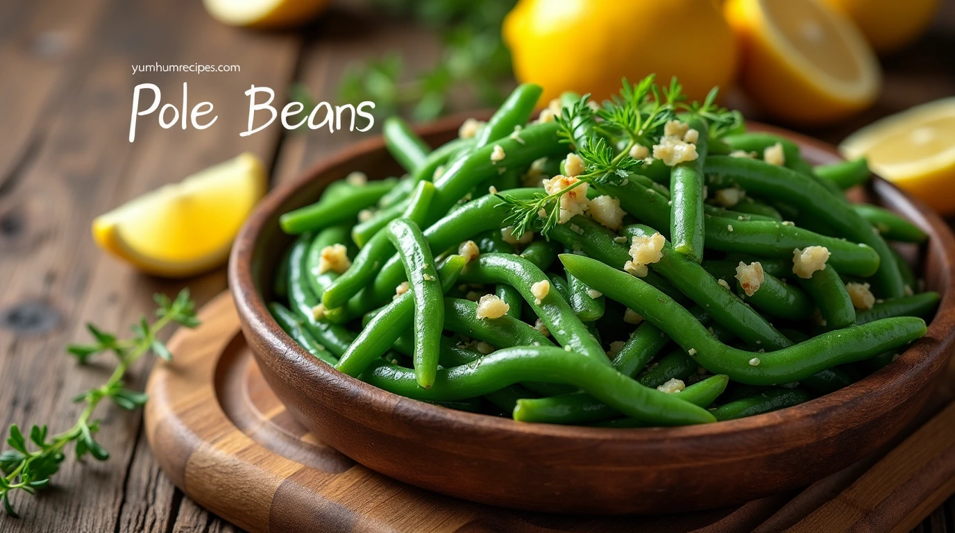 Freshly cooked pole beans with herbs and lemon, showcasing a healthy and tasty dish