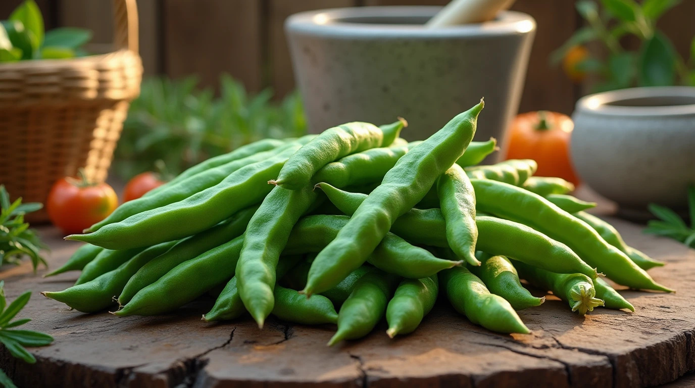 Hyper-realistic photo of fresh pole beans on a rustic wooden background with natural light