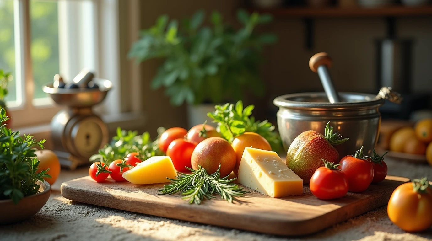 A colorful arrangement of fresh produce, artisanal cheeses, and kitchen equipment on a rustic wooden cutting board