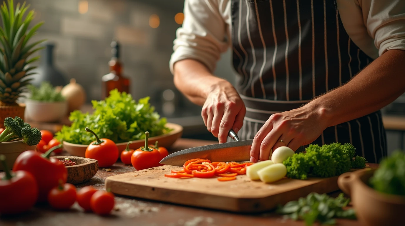 A chef chopping vegetables in a kitchen with a focus on technique and fresh ingredients