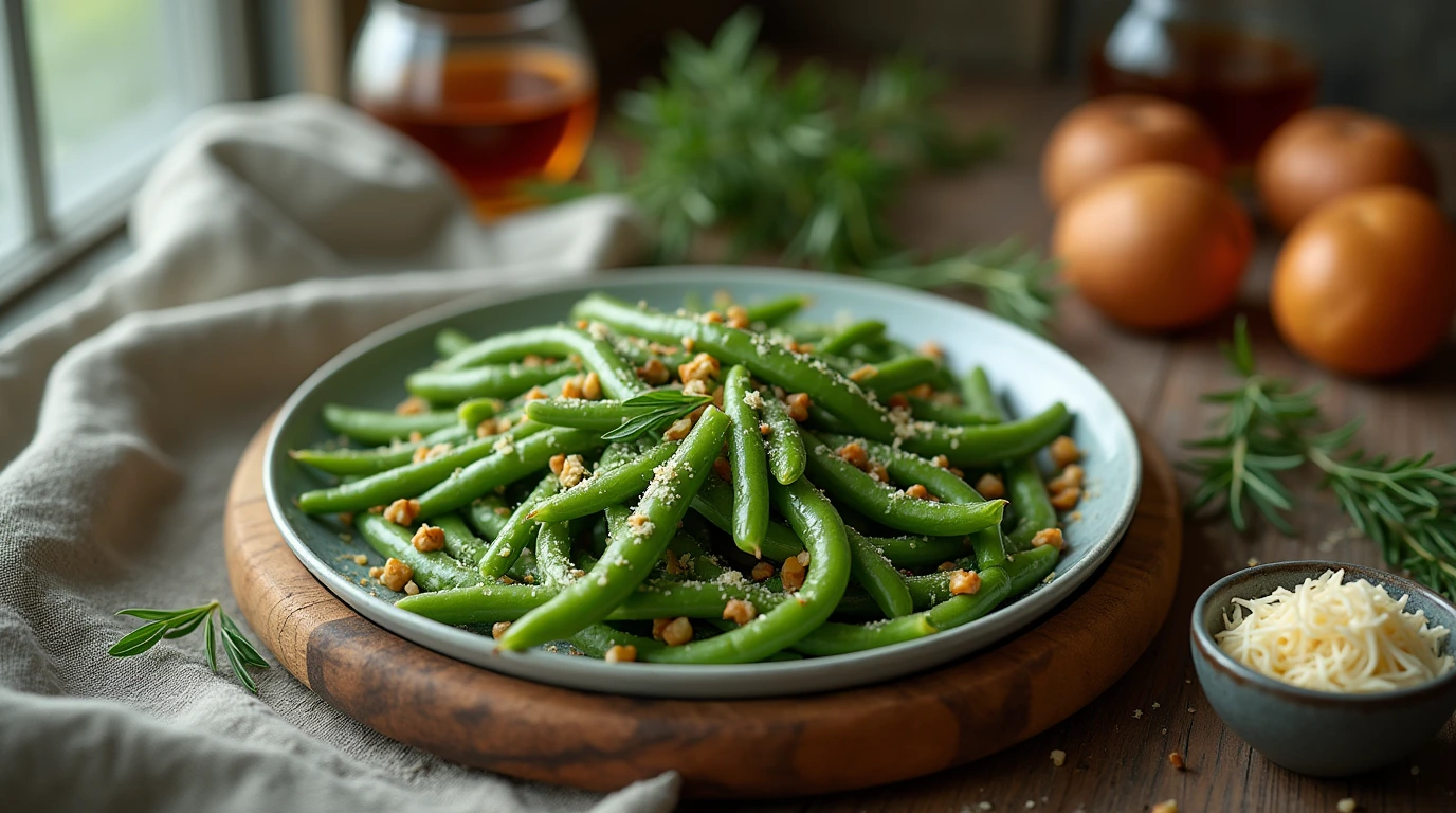 Aerial view of a delicious pole beans recipe with fresh herbs and parmesan cheese