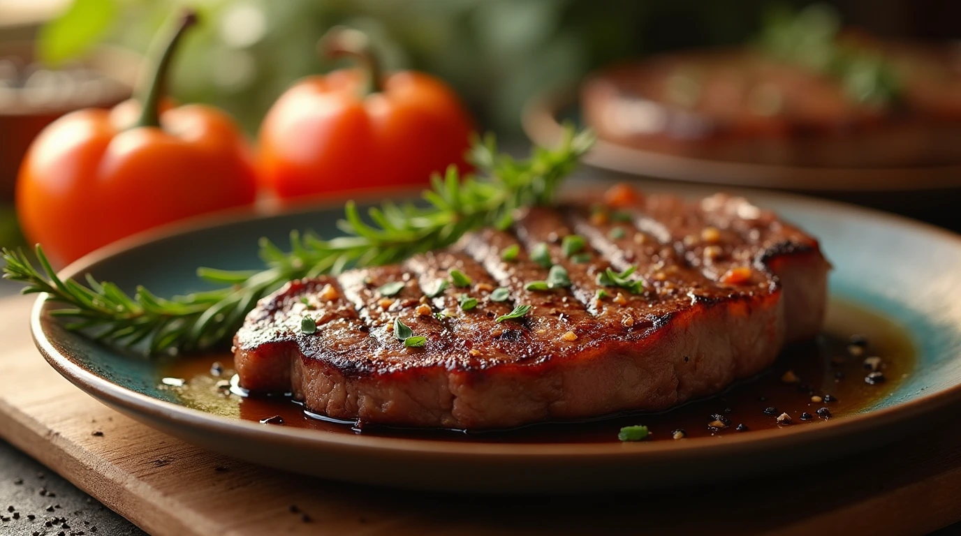 A mouthwatering 3 Ingredient Steak Marinade with a perfectly grilled steak, garnished with thyme, rosemary, and a sprinkle of coarse black pepper.